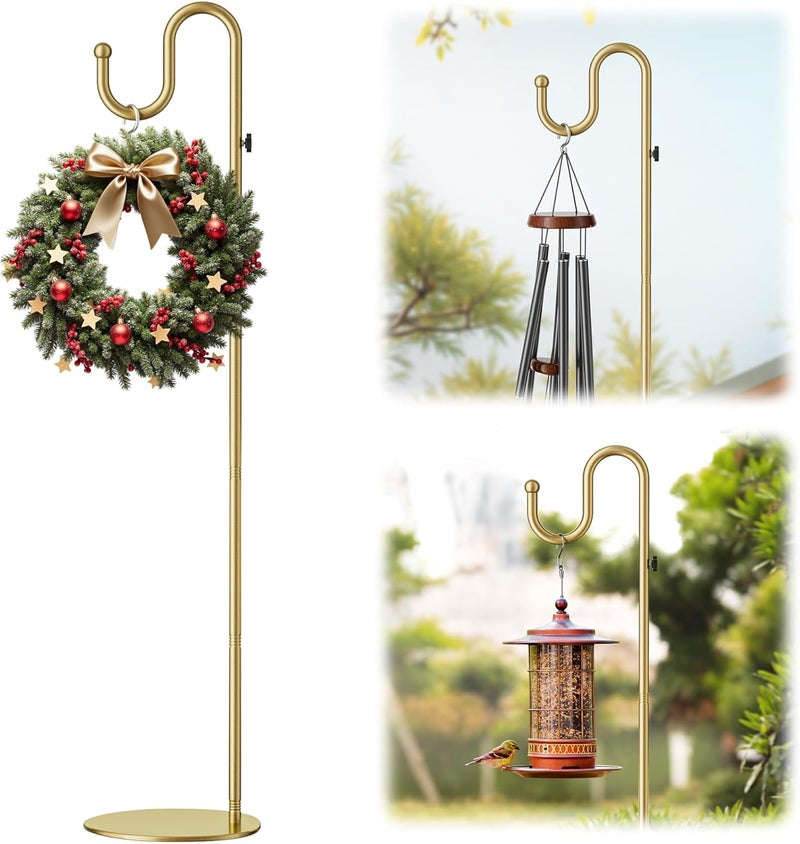 saffruff 74" Gold Shepherds Hook Stand–Adjustable Free Standing Pole Holder for Hanging Bird Feeders, Plants, Lanterns, Wreaths, and Wind Chimes, Heavy Duty Base for Indoor & Outdoor Use, Holds Up to 20 LBS - Image 1